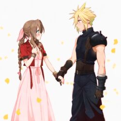 Rule 34 | 1boy, 1girl, aerith gainsborough, aqua eyes, armor, bad id, bad pixiv id, bandaged arm, bandages, bangle, belt, blonde hair, blue pants, blue shirt, blush, bracelet, braid, braided ponytail, breasts, brown belt, brown gloves, brown hair, choker, cleavage, cloud strife, cowboy shot, cropped jacket, dress, earrings, falling petals, final fantasy, final fantasy vii, final fantasy vii remake, gloves, green eyes, hair between eyes, hair ribbon, hand on own chest, holding hands, jacket, jewelry, krudears, long dress, long hair, looking at another, medium breasts, multiple belts, necklace, pants, parted bangs, petals, pink dress, pink ribbon, red jacket, ribbon, shirt, short hair, short sleeves, shoulder armor, sidelocks, single bare shoulder, single earring, sleeveless, sleeveless turtleneck, spiked hair, square enix, suspenders, toned, toned male, turtleneck, wavy hair, white background