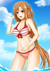Rule 34 | 10s, 1girl, :d, abukobato, asuna (sao), bare arms, bare shoulders, bikini, blush, breasts, brown eyes, brown hair, cleavage, collarbone, cowboy shot, day, gluteal fold, groin, half updo, highres, long hair, looking at viewer, medium breasts, navel, ocean, open mouth, outdoors, partially submerged, smile, solo, standing, stomach, striped bikini, striped clothes, swimsuit, sword art online, very long hair, wading