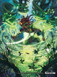 Rule 34 | 1boy, armor, colored skin, copyright name, force of will, gloves, green skin, horns, leaf, long hair, magic circle, male focus, official art, red eyes, red hair, solo, tree