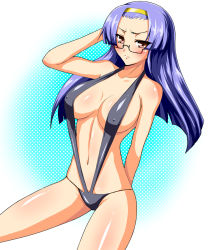Rule 34 | 00s, 1girl, adjusting hair, aresta blanket, arm up, arrester blanket, bad id, bad pixiv id, blue hair, blush, breasts, covered erect nipples, fight ippatsu! juuden-chan!!, glasses, hairband, iwamoto eiri, large breasts, legs, red eyes, sideboob, slingshot swimsuit, solo, swimsuit, thighs