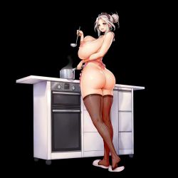 Rule 34 | 1girl, apron, ass, backboob, blush, breast press, breasts, feet, from behind, full body, groin, hair bun, hand up, holding, huge breasts, kakiman, kitchen, labiata (last origin), ladle, last origin, legs, legs together, maid headdress, naked apron, nipples, open mouth, orange eyes, sandals, simple background, single hair bun, smile, solo, standing, thighhighs, thighs, third-party edit, white hair