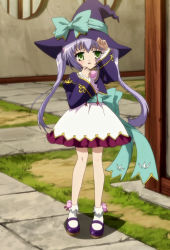 Rule 34 | 00s, blue hair, green eyes, hat, hat ribbon, highres, houtou, koihime musou, long hair, purple hair, ribbon, screencap, stitched, third-party edit, twintails, witch hat