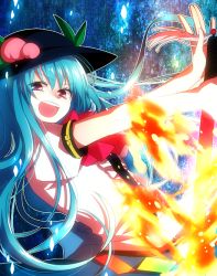 Rule 34 | &gt;:d, 1girl, :d, apron, bad id, bad pixiv id, blue hair, female focus, fire, food, fruit, hat, hinanawi tenshi, long hair, open mouth, peach, red eyes, ribbon, smile, smirk, smug, solo, sword, sword of hisou, tayashigu (suisyounohosizora), touhou, v-shaped eyebrows, weapon