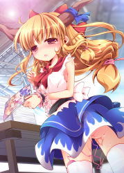 Rule 34 | 1girl, ass, back, bare arms, blonde hair, blush, book, book stack, check commentary, comiket, commentary request, discreet vibrator, enjoy mix, fang, hair bobbles, hair ornament, horn ornament, horn ribbon, horns, ibuki suika, long hair, low-tied long hair, manga (object), no panties, open mouth, pornography, pussy juice, recursion, red eyes, ribbon, sex toy, shirt, skirt, sleeveless, sleeveless shirt, solo, sweat, table, tears, thighhighs, touhou, turnip, upskirt, very long hair, vibrator, vibrator in thighhighs, vibrator under clothes, white thighhighs, wrist cuffs