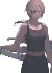 Rule 34 | 1girl, 900p, absurdres, belt, black eyes, black pants, black tank top, breasts, chainsaw man, closed mouth, collarbone, commentary, cowboy shot, expressionless, eyepatch, floating hair, hair between eyes, high-waist pants, highres, lips, looking at viewer, medium breasts, medium hair, one eye covered, pants, ponytail, quanxi (chainsaw man), scabbard, sheath, sheathed, silver hair, simple background, sleeveless, solo, sword, tank top, unsheathing, weapon, weapon on back, white background