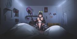 Rule 34 | 1boy, 1girl, aged up, bedroom, black hair, blunt bangs, bodysuit, boots, bow (weapon), breasts, catsuit, choker, cleavage, commander (last origin), compound bow, dark, finger to mouth, full body, goggles, goggles on head, highres, hime cut, holding, holding bow (weapon), holding weapon, large breasts, last origin, long hair, mr.yun, navel, night-vision device, official art, open bodysuit, open clothes, out of frame, pov, purple eyes, shirayuri (last origin), squatting, tachi-e, thighs, unworn boots, weapon