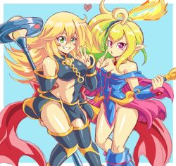 Rule 34 | 2girls, ahoge, aqua background, asymmetrical clothes, asymmetrical hair, bare shoulders, black legwear, blonde hair, blush stickers, boots, border, cosplay, costume switch, covered navel, dark magician girl, duel monster, feet out of frame, green eyes, green hair, hair between eyes, heart, highres, index finger raised, lewdamone, long hair, multicolored hair, multiple girls, no panties, parted lips, pentagram, red eyes, sevens road witch, side ponytail, simple background, smile, staff, thigh boots, thighhighs, two-tone hair, w, wand, white border, yu-gi-oh!, yu-gi-oh! sevens