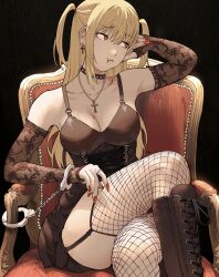 Rule 34 | 1girl, :i, amane misa, bare shoulders, black background, black dress, black footwear, black thighhighs, blonde hair, boots, breasts, chair, choker, cleavage, cross, cross earrings, cross necklace, crossed legs, cuffs, death note, dress, earrings, fishnet thighhighs, fishnets, garter straps, giganticbuddha, goth fashion, hair between eyes, handcuffs, highres, jewelry, knee boots, large breasts, long hair, looking to the side, nail polish, necklace, pout, red eyes, red nails, sitting, solo, thighhighs, two side up