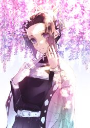 Rule 34 | 1girl, animal print, aomiya, belt, black coat, black hair, breasts, butterfly hair ornament, butterfly print, closed mouth, coat, eyelashes, flower, forehead, gradient hair, hair ornament, hand in own hair, hand on own chest, haori, highres, japanese clothes, kimetsu no yaiba, kochou shinobu, long sleeves, looking at viewer, medium breasts, multicolored hair, parted bangs, purple eyes, purple hair, shirt, short hair, simple background, smile, solo, sunlight, two-tone hair, uniform, upper body, white background, white shirt, wide sleeves, wisteria