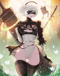 Rule 34 | 1girl, black blindfold, blindfold, breasts, breasts apart, cleavage cutout, clothing cutout, covered navel, cowboy shot, facing viewer, hairband, highres, huge weapon, leotard, lips, makeup, mcdobo, medium breasts, medium hair, nier (series), nier:automata, pod (nier:automata), smile, solo, thigh gap, thighhighs, turtleneck, two-tone leotard, walking, weapon, white hair, wide hips, 2b (nier:automata)