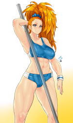 Rule 34 | 1girl, abs, arm behind head, armpits, bandaid, bandaid on face, big hair, blue bra, blue eyes, blue scrunchie, blue shorts, bra, cameltoe, captain mizuki, commentary request, earrings, forehead, frown, hair pulled back, high ponytail, jewelry, long hair, muscular, muscular female, navel, one-punch man, orange hair, pole, pole vault, scrunchie, short shorts, shorts, signature, solo, sports bra, standing, thick thighs, thighs, underwear, wristband, zcune