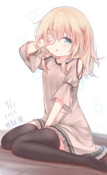 Rule 34 | 1girl, :o, arm up, between legs, black thighhighs, blonde hair, blush, braid, busaikusu (boosykes), clothing cutout, commentary request, dated, dress, frilled dress, frills, green eyes, grey dress, hair between eyes, hair over shoulder, hand between legs, long sleeves, looking at viewer, no shoes, on floor, original, parted lips, shoulder cutout, sitting, solo, thighhighs, wariza, white background, wooden floor
