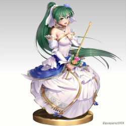 Rule 34 | 1girl, bad id, bad twitter id, breasts, commentary request, dress, embarrassed, fire emblem, fire emblem: the blazing blade, fire emblem heroes, full body, gonzarez, gradient background, green eyes, green hair, highres, jewelry, long hair, lyn (bridal) (fire emblem), lyn (fire emblem), medium breasts, necklace, nintendo, official alternate costume, ponytail, simple background, solo, wedding dress