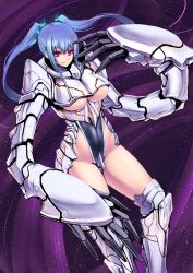 Rule 34 | 1girl, arm guards, armor, armored boots, blue hair, boots, breasts, clothing cutout, eyebrows, groin, highleg, highleg swimsuit, ishimiso (ishimura), knee boots, large breasts, leotard, looking at viewer, machinery, mecha musume, mechanical arms, original, red eyes, serious, sidelocks, skin tight, solo, swimsuit, thighs, twintails, underboob, underboob cutout
