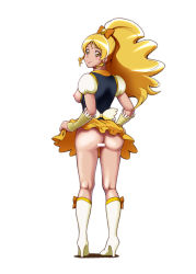 Rule 34 | 10s, 1girl, ass, bar censor, blonde hair, blush, boots, breasts, censored, cure honey, earrings, eyelashes, from behind, full body, hair ornament, hair ribbon, happinesscharge precure!, happy, high heel boots, high heels, highres, jewelry, kijinaka mahiro, knee boots, kneehighs, lipstick, long hair, looking at viewer, looking back, magical girl, makeup, medium breasts, nipples, no panties, oomori yuuko, precure, puffy short sleeves, puffy sleeves, pussy, ribbon, short sleeves, simple background, skirt, smile, socks, solo, standing, undressing, vest, white background, wide ponytail, wrist cuffs, yellow eyes, yellow skirt