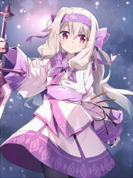 Rule 34 | 1girl, ainu clothes, black pantyhose, blush, bow, closed mouth, commentary request, fate/grand order, fate (series), fingerless gloves, gloves, hair between eyes, hair bow, hairband, holding, holding sword, holding weapon, illyasviel von einzbern, light brown hair, long hair, long sleeves, pantyhose, purple bow, purple gloves, purple hairband, red eyes, sitonai (fate), smile, solo, sword, tsuezu, very long hair, weapon, wide sleeves