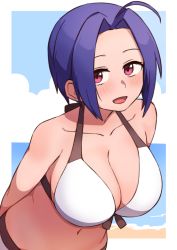 Rule 34 | 1girl, ahoge, arms behind back, beach, bikini, blush, breasts, brown background, cleavage, cloud, collarbone, commentary request, day, front-tie bikini top, front-tie top, hair intakes, idolmaster, idolmaster (classic), idolmaster million live!, idolmaster million live! theater days, korean commentary, kwaejina, large breasts, leaning forward, looking at viewer, miura azusa, mixed-language commentary, navel, open mouth, outdoors, outside border, purple hair, short hair, solo, standing, swimsuit, two-tone bikini, water, white bikini