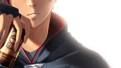 Rule 34 | 1boy, black gloves, blue hoodie, brown hair, can, commentary request, cropped head, fingerless gloves, fingernails, gloves, highres, holding, holding can, hood, hood down, hoodie, indie virtual youtuber, male focus, name tag, parted lips, red hood, shiroino (shirayuki mutsuki), short hair, simple background, solo, straight-on, tons (vtuber), two-sided hood, virtual youtuber, white background