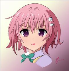 Rule 34 | 1girl, text background, bad id, bad twitter id, bow, bowtie, commentary, dated, frown, green bow, green bowtie, laceysx, lipstick, long eyelashes, long hair, looking at viewer, makeup, momo velia deviluke, pin, pink hair, portrait, purple eyes, ribbon, school uniform, self-upload, short hair, solo, to love-ru, to love-ru darkness, upper body, v-shaped eyebrows