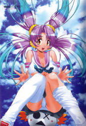 Rule 34 | 1girl, absurdres, ahoge, blue hair, blue neckerchief, blush, breasts, day, detached sleeves, highres, knees together feet apart, large breasts, long hair, miniskirt, multicolored hair, neckerchief, open mouth, outdoors, panties, pantyshot, purple hair, quad tails, school uniform, serafuku, sitting, skirt, solo, thighhighs, underboob, undersized clothes, underwear, white thighhighs, yellow eyes, yoshizaki mine