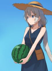 Rule 34 | 1girl, bag, bare shoulders, blue dress, blue eyes, blue sky, commentary, dress, food, fruit, grey hair, hat, highres, holding, holding food, holding fruit, kizuna akari, long hair, looking to the side, minatsuki (m1natsuk1), outdoors, shoulder bag, sky, solo, standing, straw hat, sun hat, upper body, very long hair, vocaloid, voiceroid, watermelon