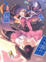 Rule 34 | 10s, 1girl, blurry, breasts, cape, card, creatures (company), dancing stars on me!, depth of field, elbow gloves, espeon, game freak, gen 2 pokemon, gloves, green eyes, hair ornament, hat, high heels, highres, large breasts, long hair, love live!, love live! school idol project, makita (twosidegekilove), mini hat, mini witch hat, nintendo, open mouth, pokemon, pokemon (creature), purple hair, solo, star (symbol), star hair ornament, tarot, thighhighs, tojo nozomi, witch hat
