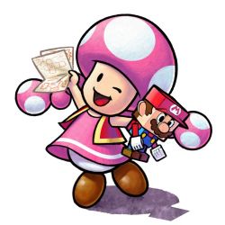 Rule 34 | 1girl, black eyes, character doll, happy, holding, looking at viewer, mario, mario &amp; luigi rpg, mario &amp; luigi: paper jam, mario &amp; luigi rpg, mario (series), mushroom, nintendo, official art, one eye closed, open mouth, paper, paper mario, simple background, smile, solo, toad (mario), toadette, white background, wink