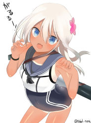 Rule 34 | 10s, 1girl, bad id, bad pixiv id, blonde hair, blue eyes, crop top, fang, flower, fujiyama ichiha, hair flower, hair ornament, highres, kantai collection, long hair, one-piece swimsuit, ro-500 (kancolle), sailor collar, school swimsuit, solo, swimsuit, swimsuit under clothes, tan, tanline