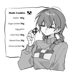 Rule 34 | 1girl, braid, character name, closed mouth, commentary request, cookie, cropped torso, english text, food, greyscale, hair over shoulder, half-closed eyes, hand up, highres, holding, holding cookie, holding food, hrdrifter, ingredients, long hair, long sleeves, looking at food, madotsuki, monochrome, omake, print sweater, raised eyebrows, recipe, solo, squinting, sweater, turtleneck, turtleneck sweater, twin braids, unusually open eyes, yume nikki