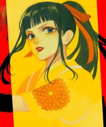 Rule 34 | 1boy, black hair, blunt bangs, close-up, commentary request, floral print, high ponytail, highres, japanese clothes, kikunojo (one piece), kimono, looking to the side, love1loooomy, male focus, one piece, red lips, sidelocks, solo, yellow background, yellow kimono, yellow theme