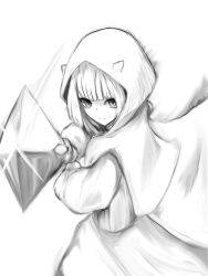 Rule 34 | 1girl, brown dust 2, chest armor, cloak, closed mouth, demon horns, dress, expressionless, eyebrows hidden by hair, greyscale, highres, holding, holding sword, holding weapon, hood, hooded cloak, horns, justia (brown dust), looking at viewer, monochrome, motion lines, sdorica0127, simple background, sketch, skirt, small horns, solo, sword, upper body, weapon, white background
