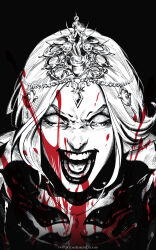 Rule 34 | 1girl, absurdres, baldur&#039;s gate, baldur&#039;s gate 3, black background, blood, blood in hair, blood on face, blood splatter, circlet, commentary, constricted pupils, crazy eyes, crazy smile, dungeons &amp; dragons, facing viewer, furrowed brow, greyscale, headpiece, highres, knightdecayed, looking to the side, monochrome, open mouth, orin the red, portrait, sideways glance, simple background, smile, solo, spot color, teeth, twitter username