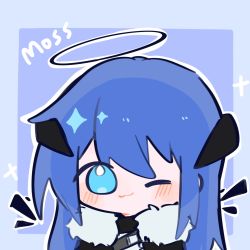 Rule 34 | 1girl, ;3, arknights, black cloak, blue background, blue eyes, blue hair, blush, chibi, cloak, closed mouth, fur-trimmed cloak, fur trim, halo, highres, horns, looking at viewer, mostima (arknights), mumianzhizi, one eye closed, outline, solo, two-tone background, upper body, white outline