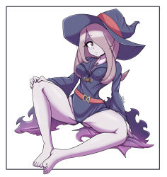 Rule 34 | 1girl, absurdres, aitrellos, feet, female focus, full body, hair over one eye, hat, highres, little witch academia, pink hair, red eyes, simple background, sitting, solo, sucy manbavaran, white background, witch hat