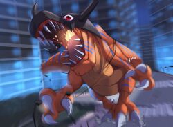 Rule 34 | artist name, blurry, blurry background, city, digimon, digimon (creature), greymon, lamppost, no humans, open mouth, red eyes, running, ryo@, sharp teeth, teeth
