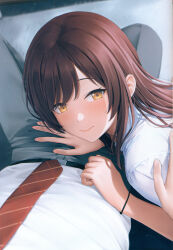 Rule 34 | 1boy, 1girl, absurdres, assertive female, blush, bracelet, closed mouth, couch, crotch grab, from above, hand on another&#039;s crotch, hand on another&#039;s shoulder, hetero, highres, idolmaster, idolmaster shiny colors, imminent fellatio, indoors, jewelry, long hair, looking at viewer, mikazuchi zeus, necktie, non-web source, on couch, osaki amana, pov, pov hands, producer (idolmaster), red hair, red necktie, scan, school uniform, shirt, short sleeves, sitting, smile, solo focus, straight hair, swept bangs, very long hair, white shirt, yellow eyes