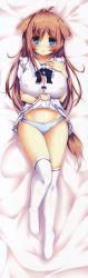 Rule 34 | 1girl, absurdres, ahoge, animal ears, bed sheet, blue eyes, blue panties, bow, bowtie, breasts, brown hair, clothes lift, copyright request, dakimakura (medium), dog ears, dog tail, full body, hand on own chest, highres, huge filesize, large breasts, long hair, lying, on back, panties, skirt, skirt lift, solo, syroh, tail, thighhighs, underwear, white thighhighs
