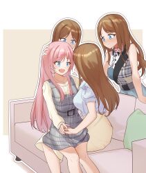 Rule 34 | 4girls, absurdres, bang dream!, bang dream! it&#039;s mygo!!!!!, blue eyes, blush, breasts, brown hair, chain, chihaya anon, closed mouth, collar, collarbone, couch, dress, fang, grey dress, hand on another&#039;s head, highres, holding hands, jewelry, large breasts, long hair, medium breasts, multiple girls, multiple persona, nagasaki soyo, nameless ark, necklace, open mouth, pinafore dress, pink collar, pink hair, plaid, plaid dress, puffy short sleeves, puffy sleeves, shirt, short sleeves, sitting, sitting on lap, sitting on person, skirt, sleeveless, sleeveless dress, sweatdrop, teeth, upper teeth only, white shirt, yellow skirt, yuri