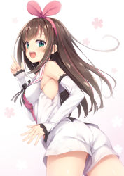 Rule 34 | 1girl, :d, ass, bare shoulders, blush, breasts, brown hair, commentary request, detached sleeves, fingernails, gradient background, green eyes, highres, index finger raised, kizuna ai, kizuna ai inc., long hair, long sleeves, looking at viewer, looking back, medium breasts, multicolored hair, open mouth, pink background, pink hair, shirt, short shorts, shorts, sleeveless, sleeveless shirt, sleeves past wrists, smile, solo, streaked hair, tomifumi, very long hair, virtual youtuber, white background, white shirt, white shorts
