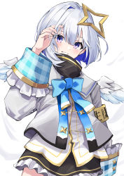 Rule 34 | 1girl, absurdres, amane kanata, anbasa (amaneyuz13), angel, angel wings, armband, black dress, blue eyes, blue hair, blush, bob cut, bow, bowtie, colored inner hair, cropped jacket, dress, feathered wings, frilled dress, frills, gingham, gradient eyes, gradient wings, grey jacket, halo, highres, hololive, jacket, long sleeves, looking at viewer, mini wings, multicolored eyes, multicolored hair, multicolored wings, purple eyes, sailor collar, shirt, short dress, short hair, silver hair, simple background, single hair intake, sleeve cuffs, sleeves past wrists, sleeves rolled up, smile, solo, star (symbol), star halo, turtleneck, turtleneck dress, virtual youtuber, white background, white shirt, wide sleeves, wings
