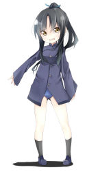 Rule 34 | 1girl, amai nekuta, black hair, black socks, blue footwear, blue jacket, blue one-piece swimsuit, blue ribbon, brown eyes, commentary request, crotch seam, full body, hair ribbon, hattori shizuka, highres, jacket, long hair, long sleeves, looking at viewer, military, military uniform, no pants, one-piece swimsuit, open mouth, ponytail, ribbon, shadow, simple background, smile, socks, solo, standing, strike witches, swimsuit, swimsuit under clothes, uniform, white background, world witches series