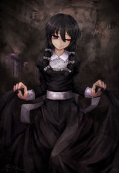 Rule 34 | 1girl, ;(, ;), artist name, black dress, black hair, bow, character request, copyright request, dress, eyelashes, hair between eyes, hair bow, head tilt, highres, juliet sleeves, long hair, long sleeves, looking at viewer, low twintails, one eye closed, puffy sleeves, ray-k, sash, signature, skirt hold, smile, solo, twintails