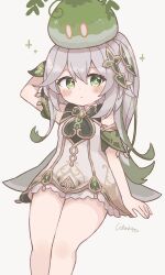 Rule 34 | 1girl, absurdres, bloomers, colon br, cross-shaped pupils, detached sleeves, dress, expressionless, genshin impact, gradient hair, green eyes, grey hair, hair ornament, highres, leaf hair ornament, multicolored hair, nahida (genshin impact), pointy ears, side ponytail, sleeveless, sleeveless dress, slime (genshin impact), solo, symbol-shaped pupils, underwear, white bloomers, white dress