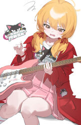 Rule 34 | 1girl, absurdres, blonde hair, blue archive, blush, cygnet (5817cygnet), electric guitar, guitar, hair between eyes, hair ribbon, halo, highres, instrument, jacket, long hair, long sleeves, official alternate costume, open clothes, open jacket, open mouth, pink skirt, pleated skirt, red jacket, red ribbon, ribbon, shirt, simple background, skirt, socks, solo, tress ribbon, white background, white shirt, white socks, yellow eyes, yellow halo, yoshimi (blue archive)