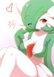 Rule 34 | 1girl, blush, breasts, creatures (company), dated, game freak, gardevoir, gen 3 pokemon, green hair, heart, kaceuth, looking at viewer, nintendo, one eye closed, pokemon, pokemon (creature), red eyes, simple background, smile, solo, wink