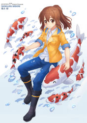 Rule 34 | 1girl, artist name, blush, boots, brown eyes, brown hair, bubble, character name, dress shirt, english text, fish, highres, jacket, koi, npcpepper, original, pants, ponytail, rubber boots, shirt, smile, solo, water