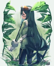 Rule 34 | 10s, 1girl, absurdres, asui tsuyu, bodysuit, boku no hero academia, bow-shaped hair, from behind, gloves, goggles, goggles on head, green bodysuit, green eyes, green hair, hair rings, highres, kinty, leaf, long hair, looking back, low-tied long hair, partially submerged, rain, solo, standing, very long hair, wading