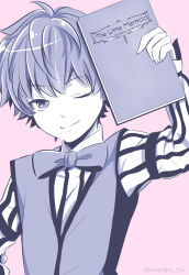 Rule 34 | 10s, 1boy, blue eyes, blue hair, book, bow, bowtie, fate/extra, fate/extra ccc, fate (series), hans christian andersen (fate), iwanaga tm, male focus, matching hair/eyes, monochrome, one eye closed, solo, vest