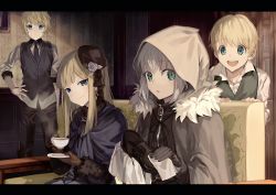 Rule 34 | 2boys, 2girls, black gloves, black headwear, blonde hair, blue dress, blue eyes, blue neckwear, blue scarf, blue vest, brown gloves, cleaning, cloak, closed mouth, commentary request, cup, dress, fate (series), flat escardos, flower, flower hat, fur-trimmed cloak, fur trim, gloves, gray (fate), green eyes, green vest, grey hair, hair between eyes, hand on own hip, hat, holding, holding cup, holding shoes, hood, hood up, hooded cloak, long hair, looking at viewer, lord el-melloi ii case files, mini hat, motto (night wear), multiple boys, multiple girls, necktie, open mouth, reines el-melloi archisorte, scarf, shirt, shoes, short hair, sitting, smile, svin glascheit, teacup, teeth, vest, white flower, white shirt