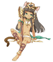 Rule 34 | 1girl, akr et, animal ears, anklet, armlet, bare shoulders, barefoot, bastet (p&amp;d), black hair, blunt bangs, blush, bracelet, cat ears, cat tail, choker, cross-laced clothes, cross-laced legwear, dark-skinned female, dark skin, egyptian, egyptian clothes, full body, green eyes, halterneck, headpiece, instrument, jewelry, licking lips, long hair, lots of jewelry, midriff, naughty face, navel, puzzle &amp; dragons, simple background, sitting, skirt, solo, strapless, tail, tareme, tongue, tongue out, tube top, white background, white skirt